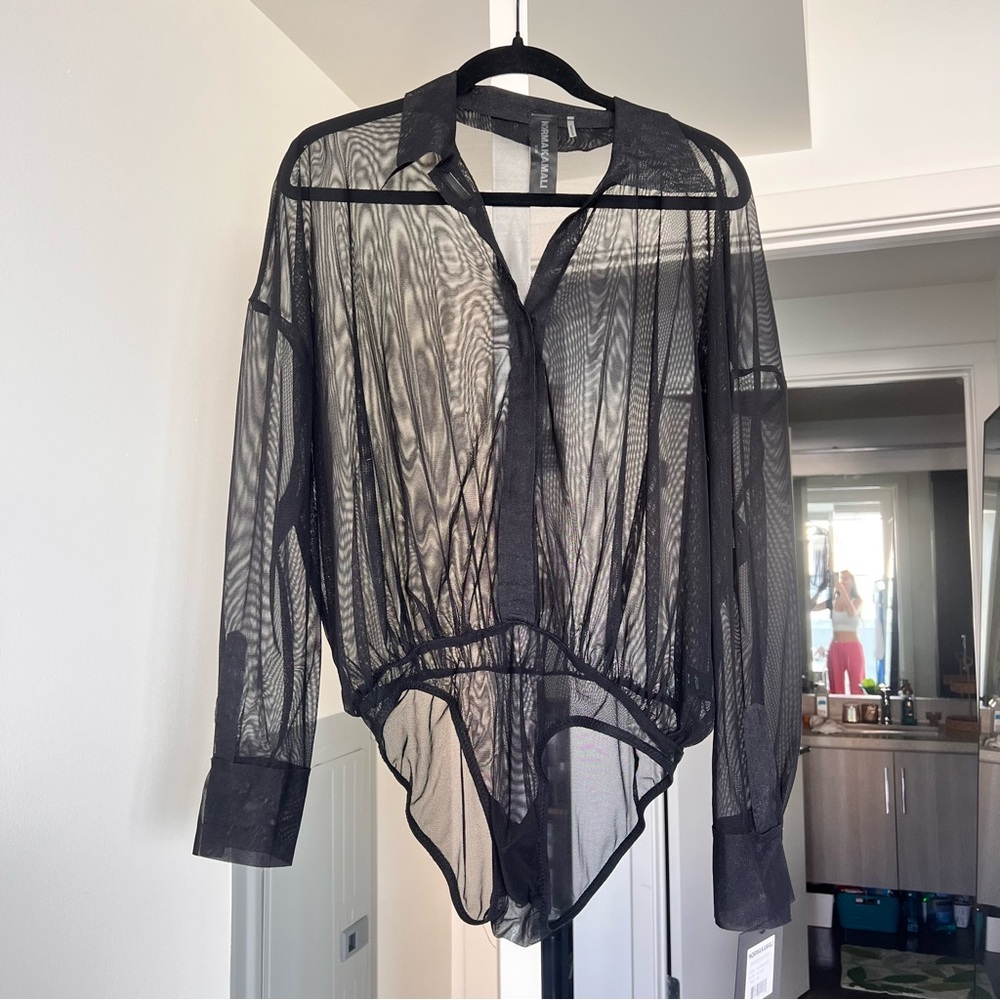 Norma Kamali Black Sheer Mesh Long-Sleeve Bodysuit